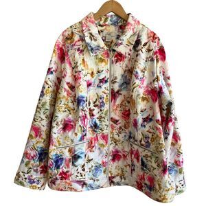 CJ Banks Womens Full Zip Jacket Size 2X Bright Floral Colorful Heavy Office